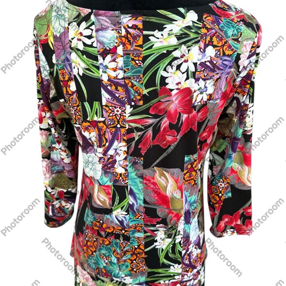 Peck & Peck Small Multicolor Mixed Florals 3/4 Sleeve Asymmetrical Hem Top - Picture 3 of 4